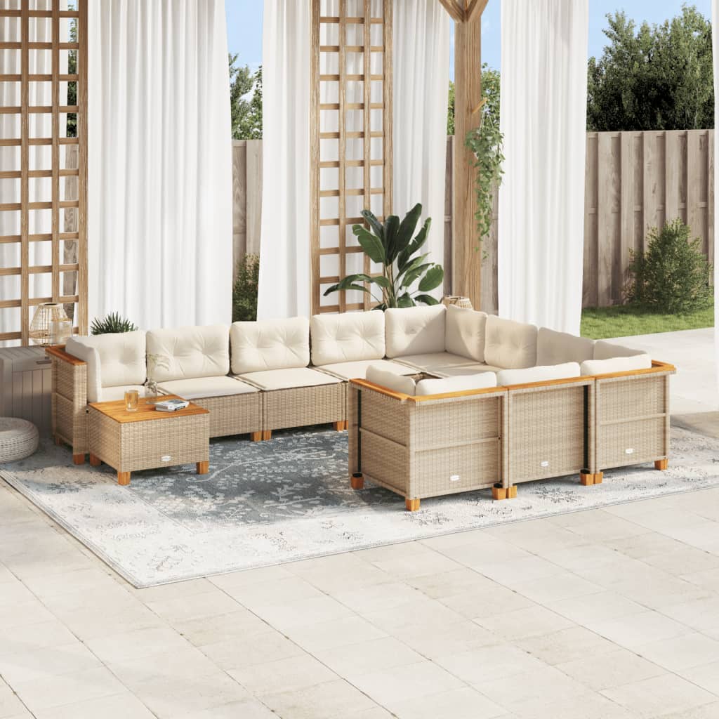 11-tlg. Garten-Sofagarnitur mit Kissen Beige Poly Rattan