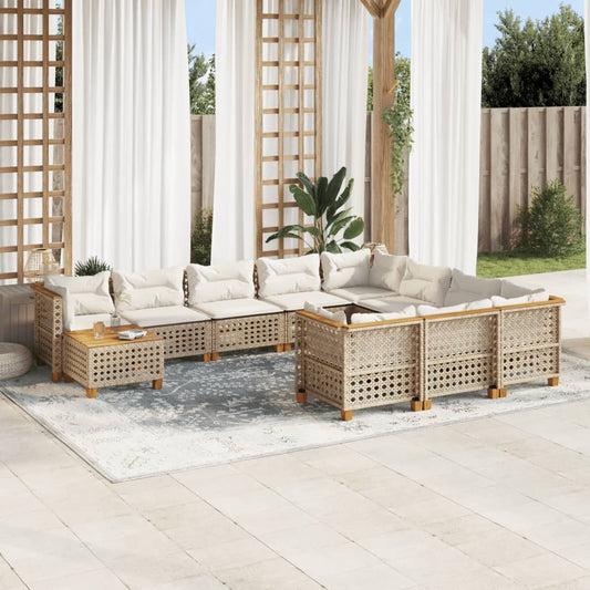 11-tlg. Garten-Sofagarnitur mit Kissen Beige Poly Rattan