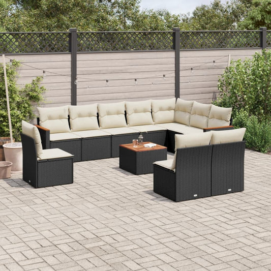 11-tlg. Garten-Sofagarnitur mit Kissen Schwarz Poly Rattan