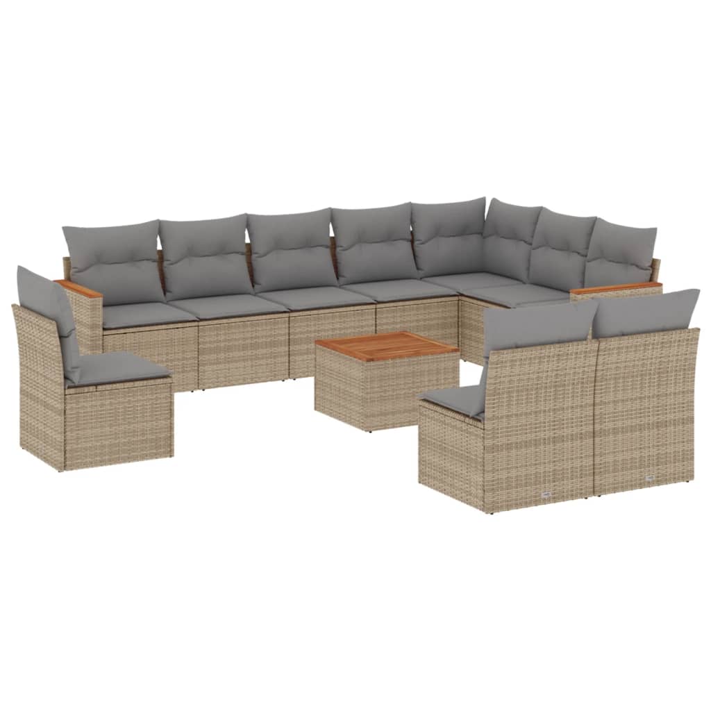 11-tlg. Garten-Sofagarnitur mit Kissen Beige Poly Rattan