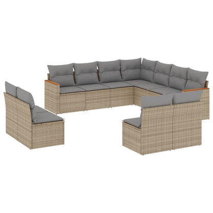 11-tlg. Garten-Sofagarnitur mit Kissen Beige Poly Rattan