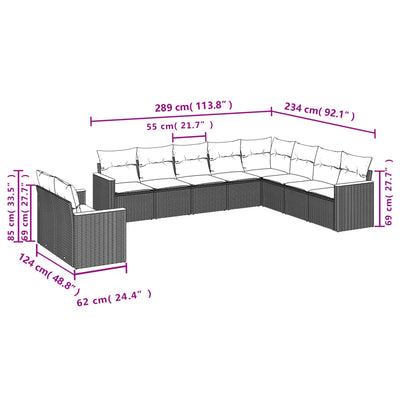 10-tlg. Garten-Sofagarnitur mit Kissen Grau Poly Rattan