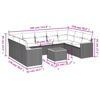 10-tlg. Garten-Sofagarnitur mit Kissen Schwarz Poly Rattan