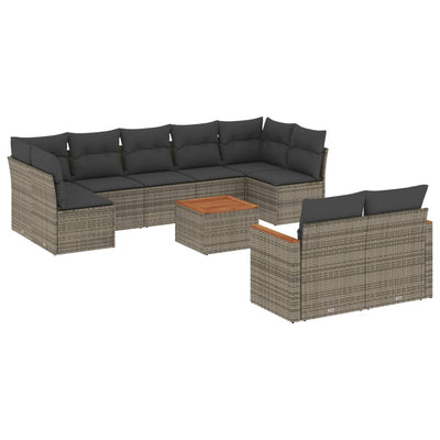 10-tlg. Garten-Sofagarnitur mit Kissen Grau Poly Rattan