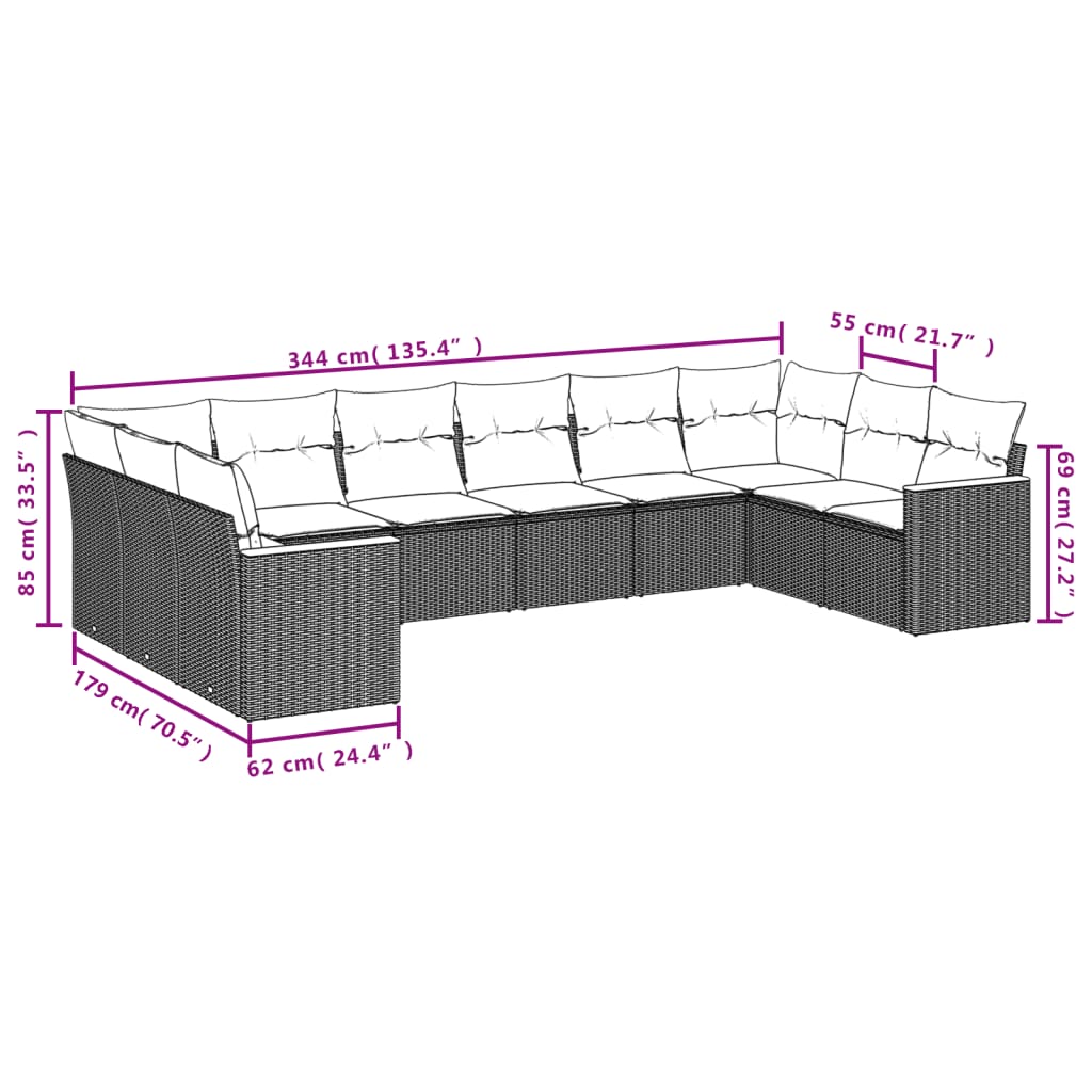 10-tlg. Garten-Sofagarnitur mit Kissen Grau Poly Rattan