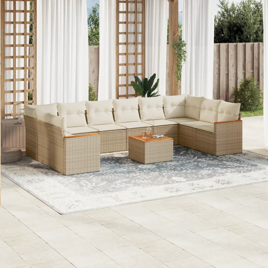 11-tlg. Garten-Sofagarnitur mit Kissen Beige Poly Rattan