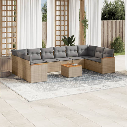 11-tlg. Garten-Sofagarnitur mit Kissen Beige Poly Rattan