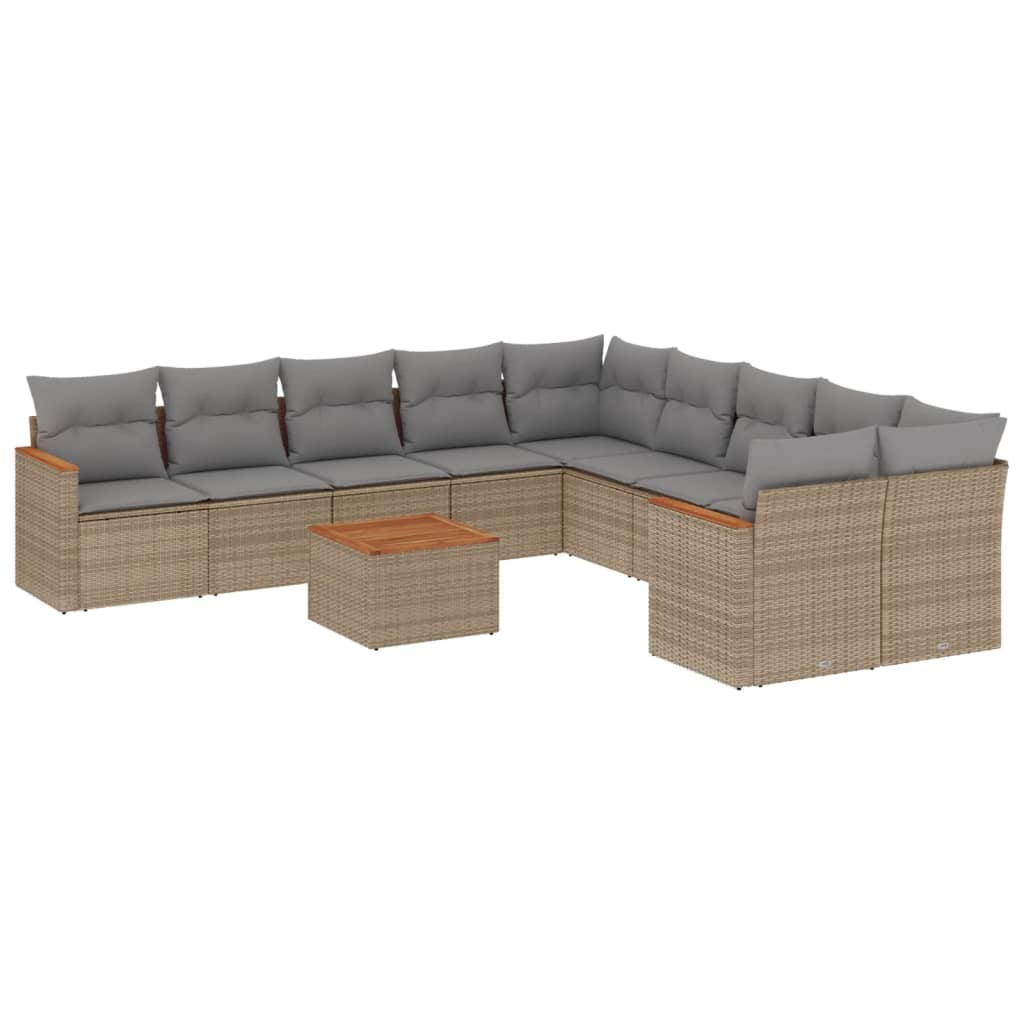 11-tlg. Garten-Sofagarnitur mit Kissen Beige Poly Rattan