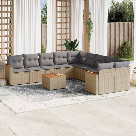 11-tlg. Garten-Sofagarnitur mit Kissen Beige Poly Rattan