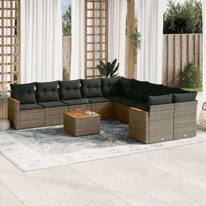 11-tlg. Garten-Sofagarnitur mit Kissen Grau Poly Rattan