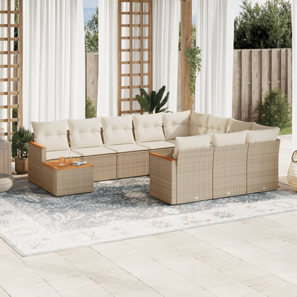 11-tlg. Garten-Sofagarnitur mit Kissen Beige Poly Rattan