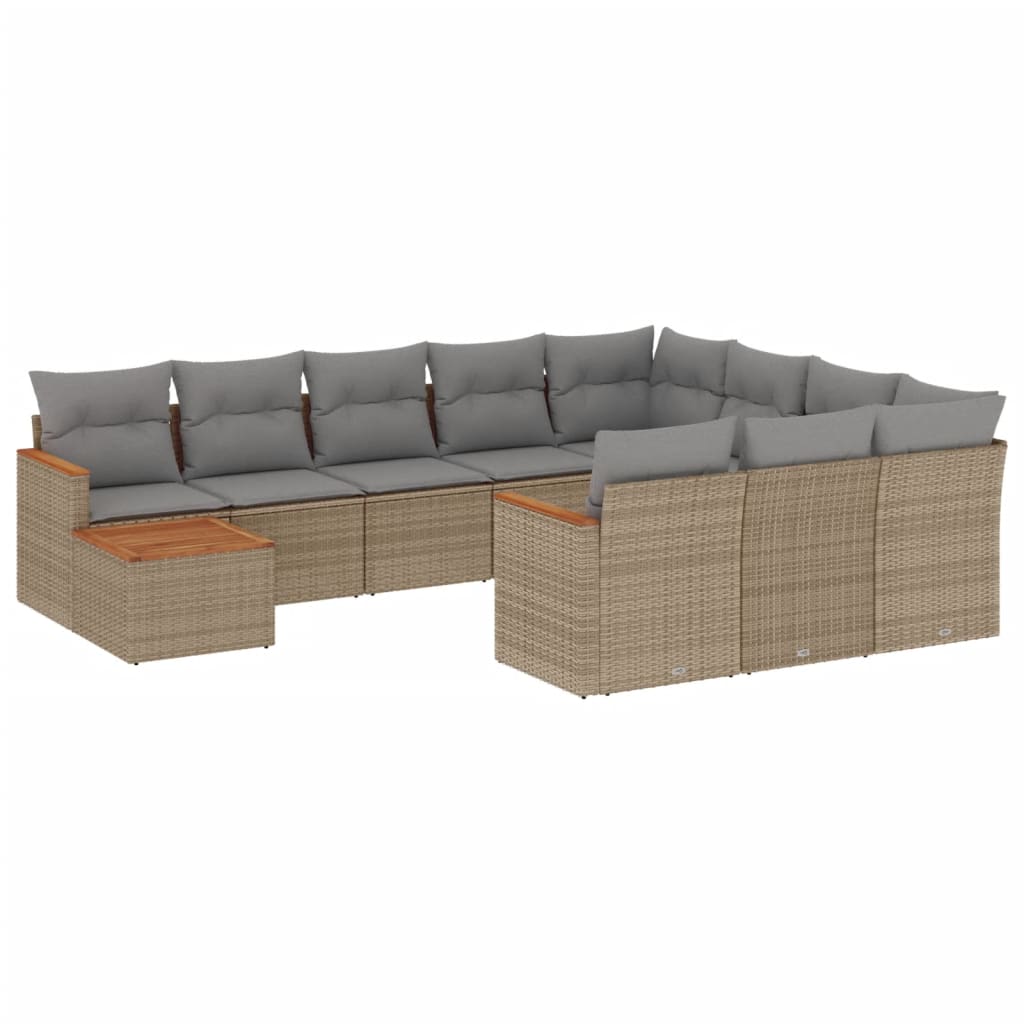 11-tlg. Garten-Sofagarnitur mit Kissen Beige Poly Rattan