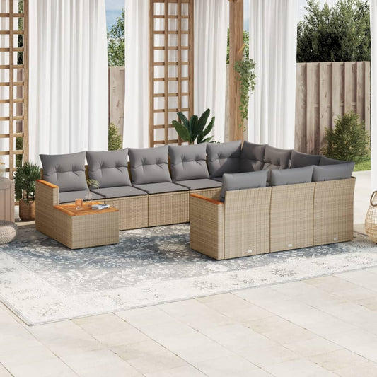 11-tlg. Garten-Sofagarnitur mit Kissen Beige Poly Rattan