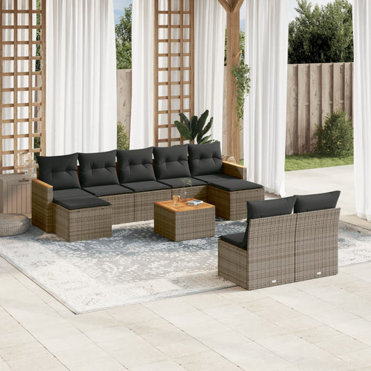 10-tlg. Garten-Sofagarnitur mit Kissen Grau Poly Rattan