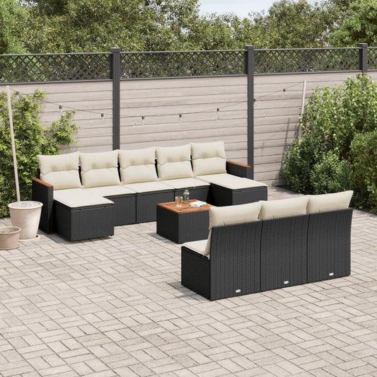 11-tlg. Garten-Sofagarnitur mit Kissen Schwarz Poly Rattan