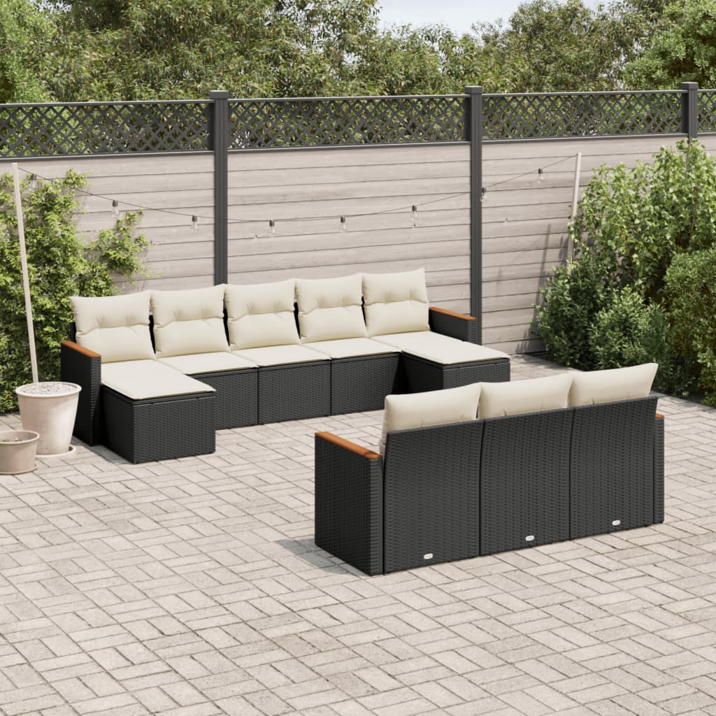 10-tlg. Garten-Sofagarnitur mit Kissen Schwarz Poly Rattan