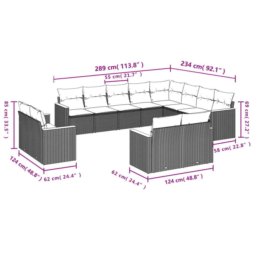 12-tlg. Garten-Sofagarnitur mit Kissen Beige Poly Rattan