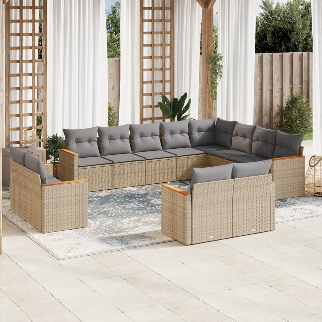 12-tlg. Garten-Sofagarnitur mit Kissen Beige Poly Rattan