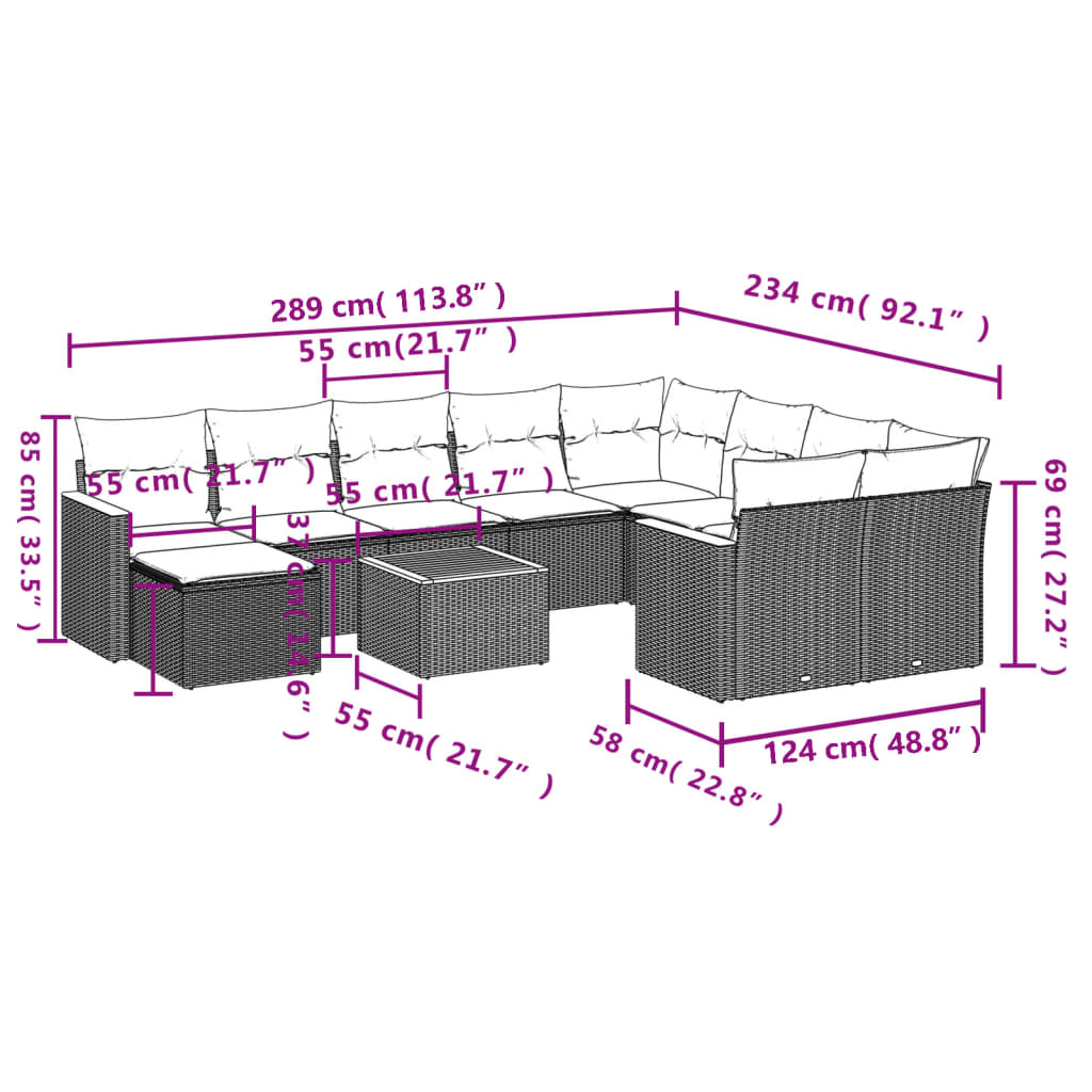 11-tlg. Garten-Sofagarnitur mit Kissen Grau Poly Rattan