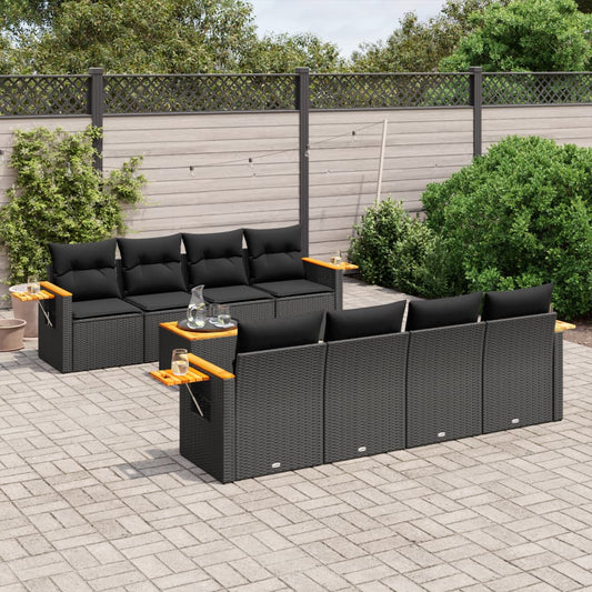 9-tlg. Garten-Sofagarnitur mit Kissen Schwarz Poly Rattan