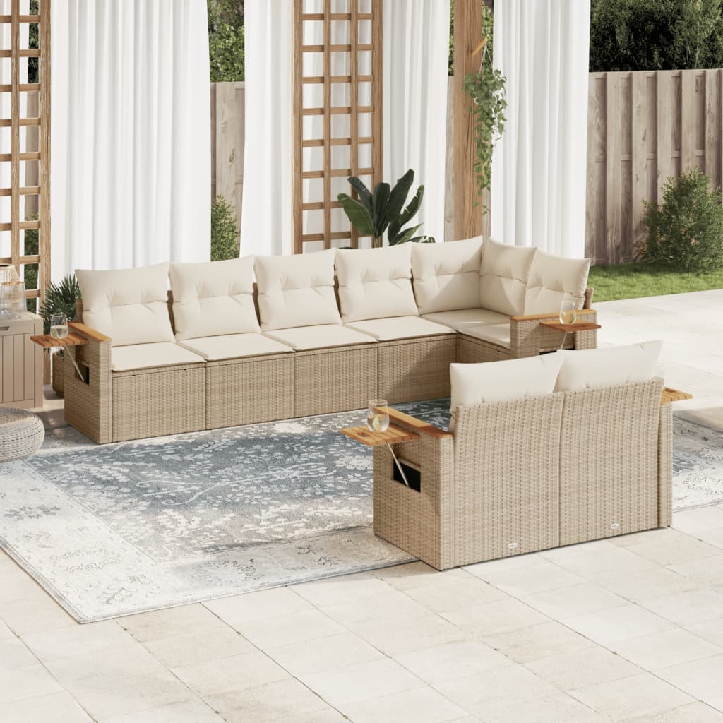 8-tlg. Garten-Sofagarnitur mit Kissen Beige Poly Rattan