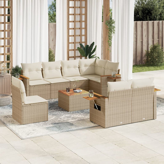 9-tlg. Garten-Sofagarnitur mit Kissen Beige Poly Rattan