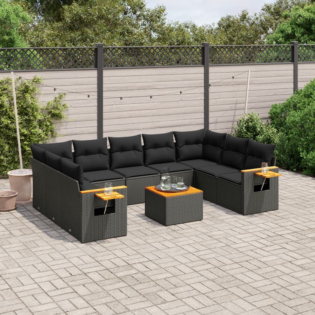 10-tlg. Garten-Sofagarnitur mit Kissen Schwarz Poly Rattan