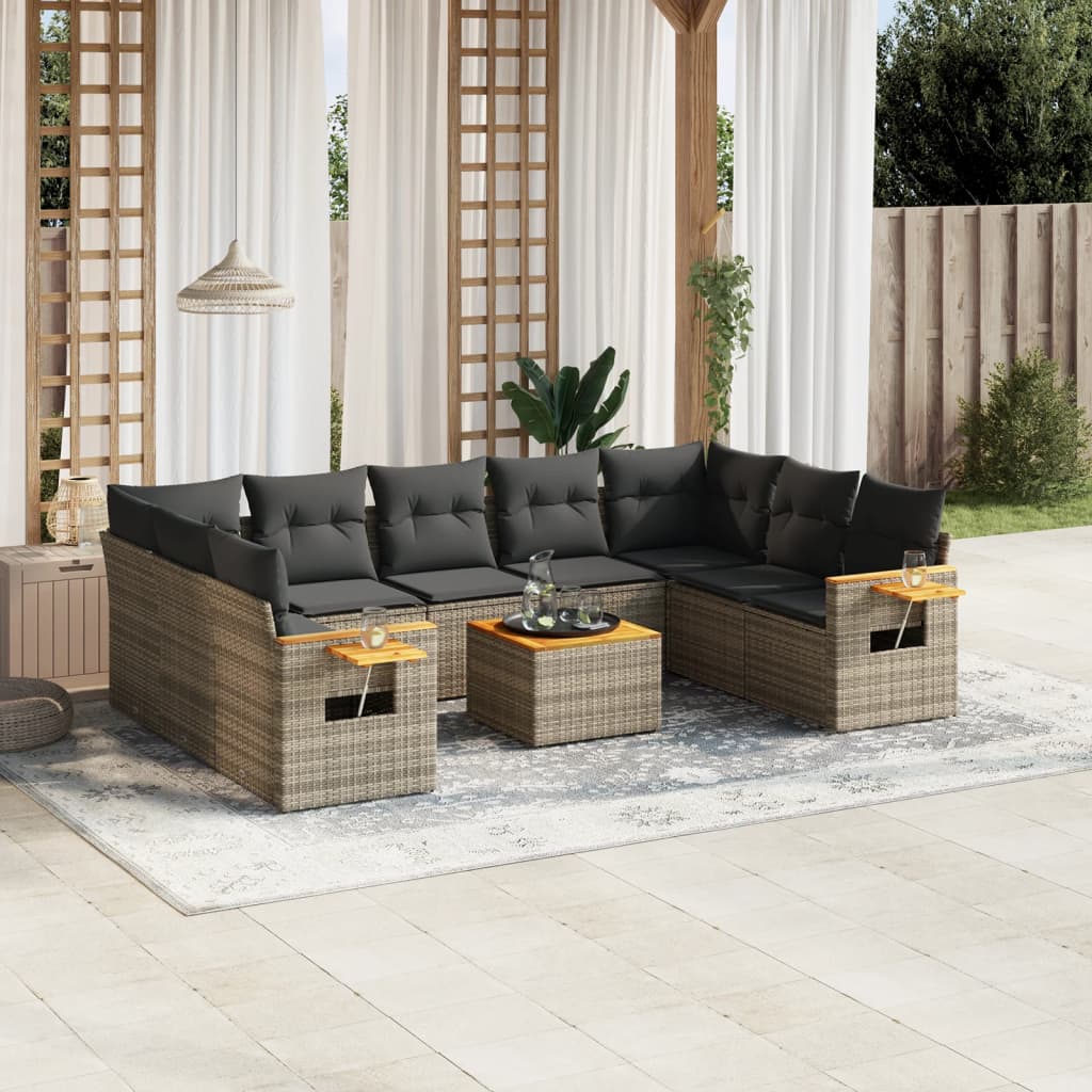 10-tlg. Garten-Sofagarnitur mit Kissen Grau Poly Rattan