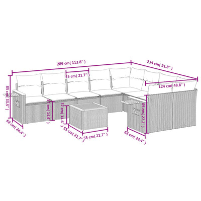 10-tlg. Garten-Sofagarnitur mit Kissen Grau Poly Rattan