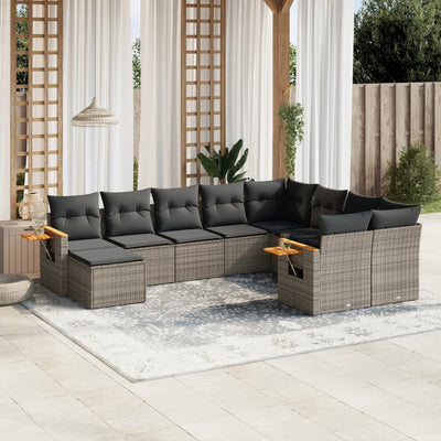 10-tlg. Garten-Sofagarnitur mit Kissen Grau Poly Rattan