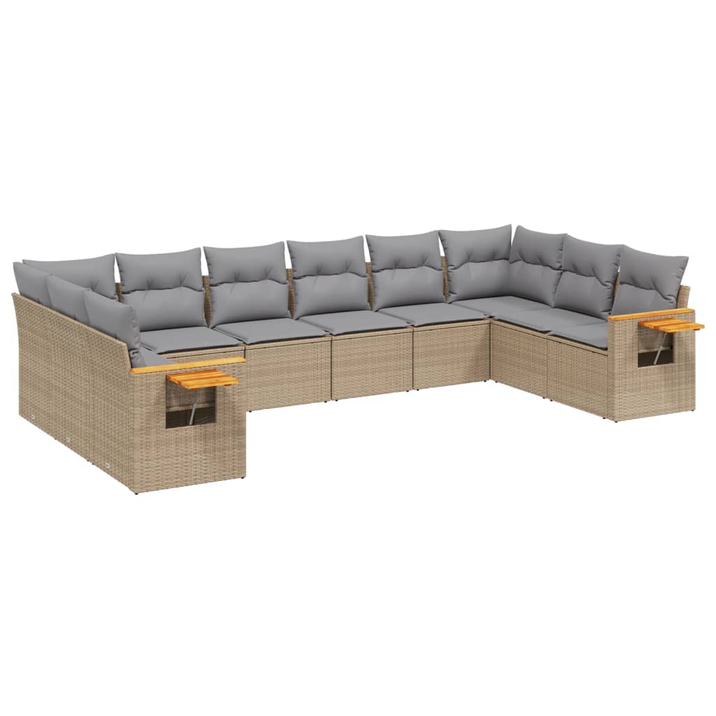 10-tlg. Garten-Sofagarnitur mit Kissen Beige Poly Rattan