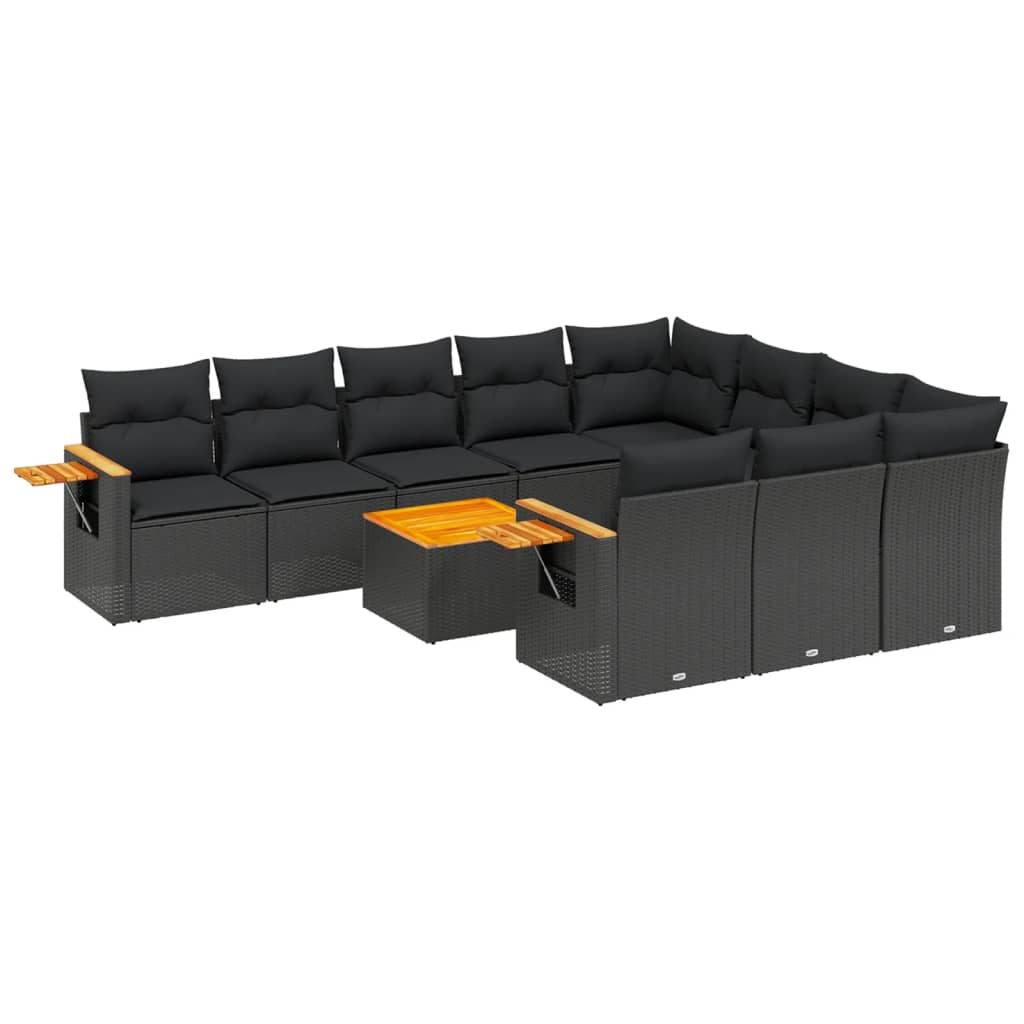 11-tlg. Garten-Sofagarnitur mit Kissen Schwarz Poly Rattan