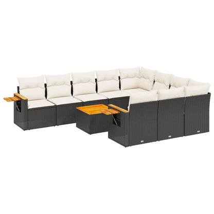 11-tlg. Garten-Sofagarnitur mit Kissen Schwarz Poly Rattan