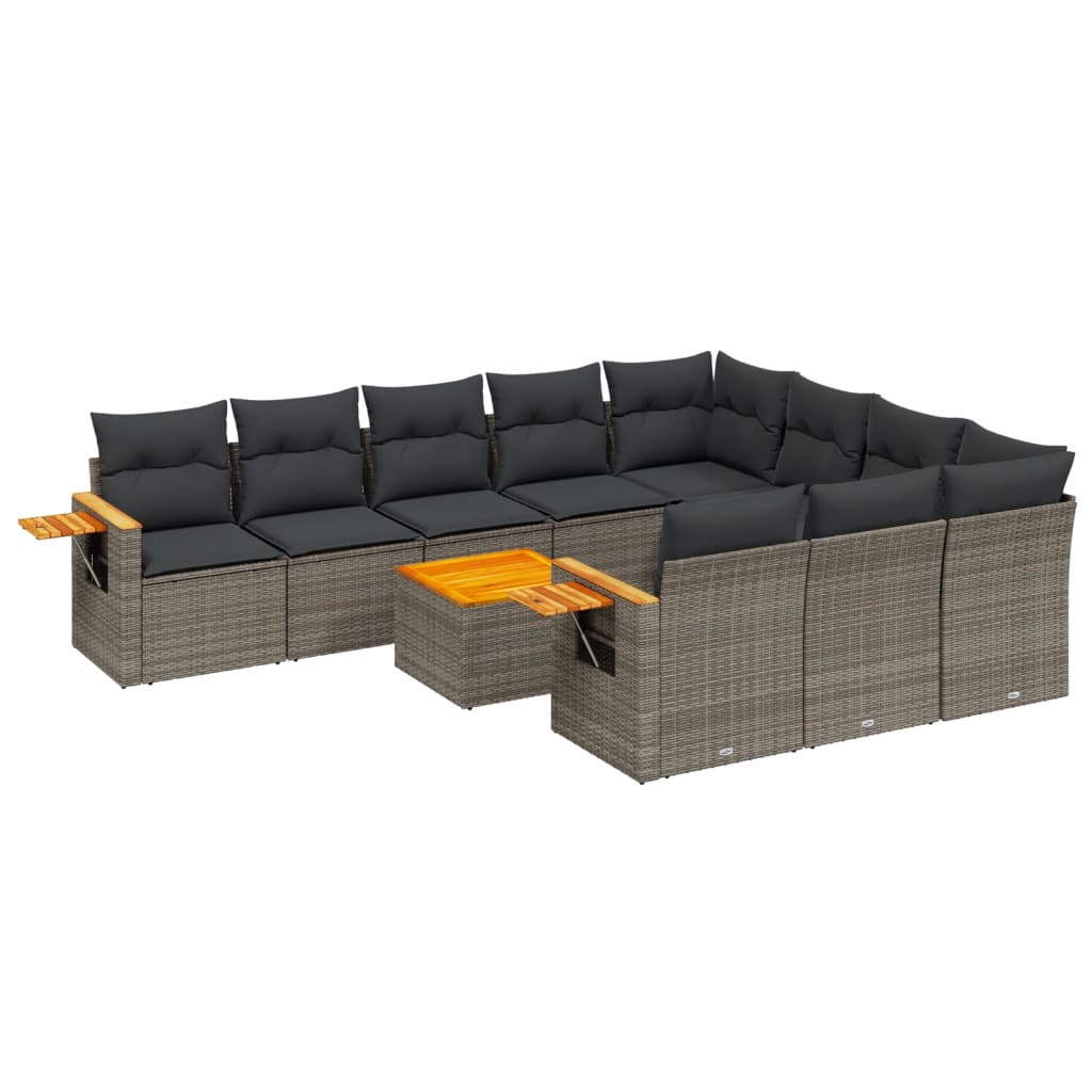 11-tlg. Garten-Sofagarnitur mit Kissen Grau Poly Rattan