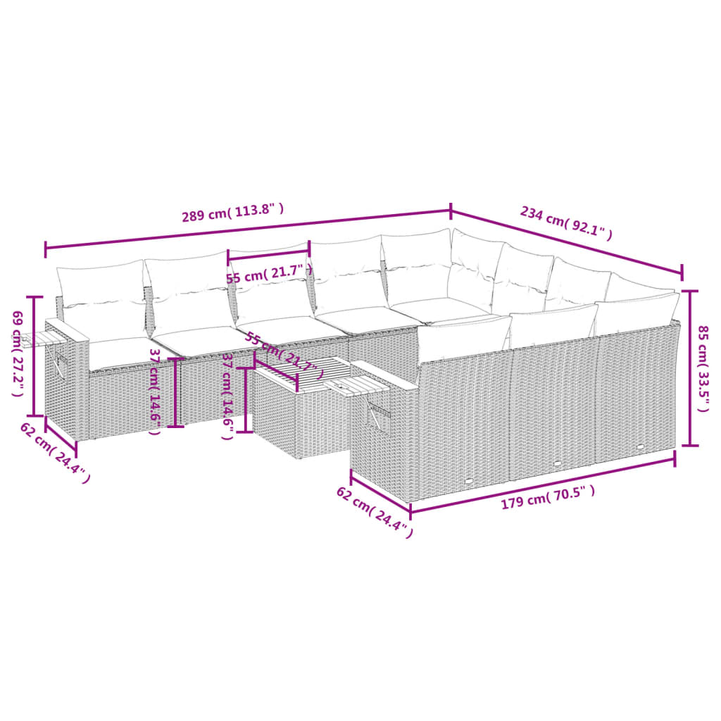 11-tlg. Garten-Sofagarnitur mit Kissen Grau Poly Rattan