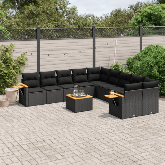 11-tlg. Garten-Sofagarnitur mit Kissen Schwarz Poly Rattan