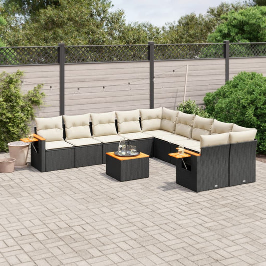 11-tlg. Garten-Sofagarnitur mit Kissen Schwarz Poly Rattan