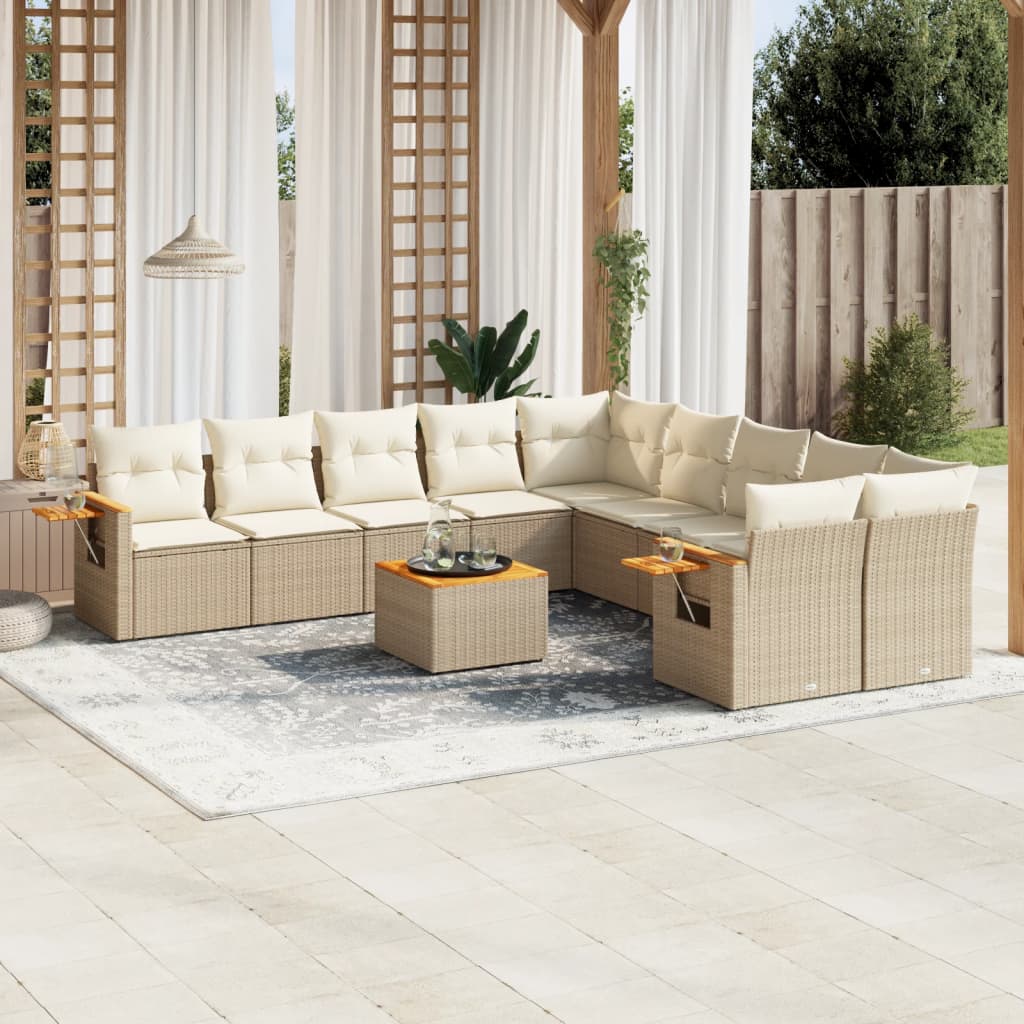 11-tlg. Garten-Sofagarnitur mit Kissen Beige Poly Rattan