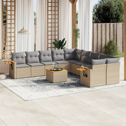 11-tlg. Garten-Sofagarnitur mit Kissen Beige Poly Rattan