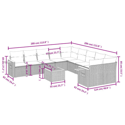 11-tlg. Garten-Sofagarnitur mit Kissen Grau Poly Rattan