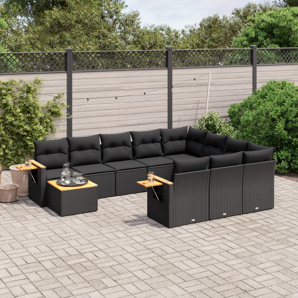 11-tlg. Garten-Sofagarnitur mit Kissen Schwarz Poly Rattan