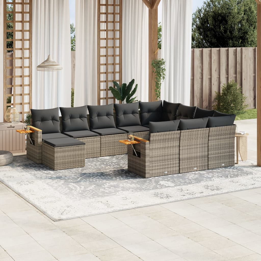 11-tlg. Garten-Sofagarnitur mit Kissen Grau Poly Rattan