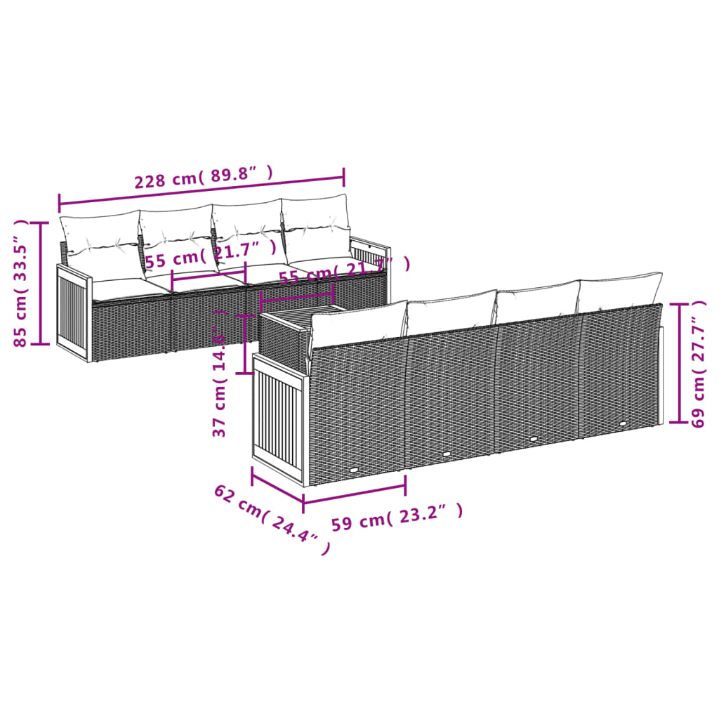 9-tlg. Garten-Sofagarnitur mit Kissen Schwarz Poly Rattan