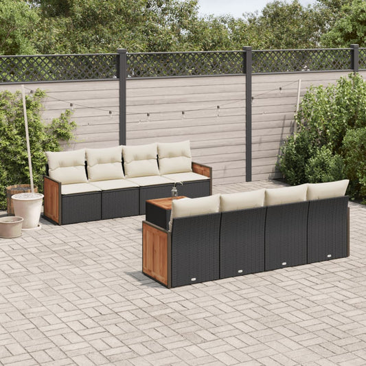 9-tlg. Garten-Sofagarnitur mit Kissen Schwarz Poly Rattan