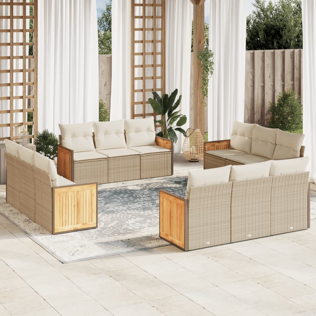 12-tlg. Garten-Sofagarnitur mit Kissen Beige Poly Rattan