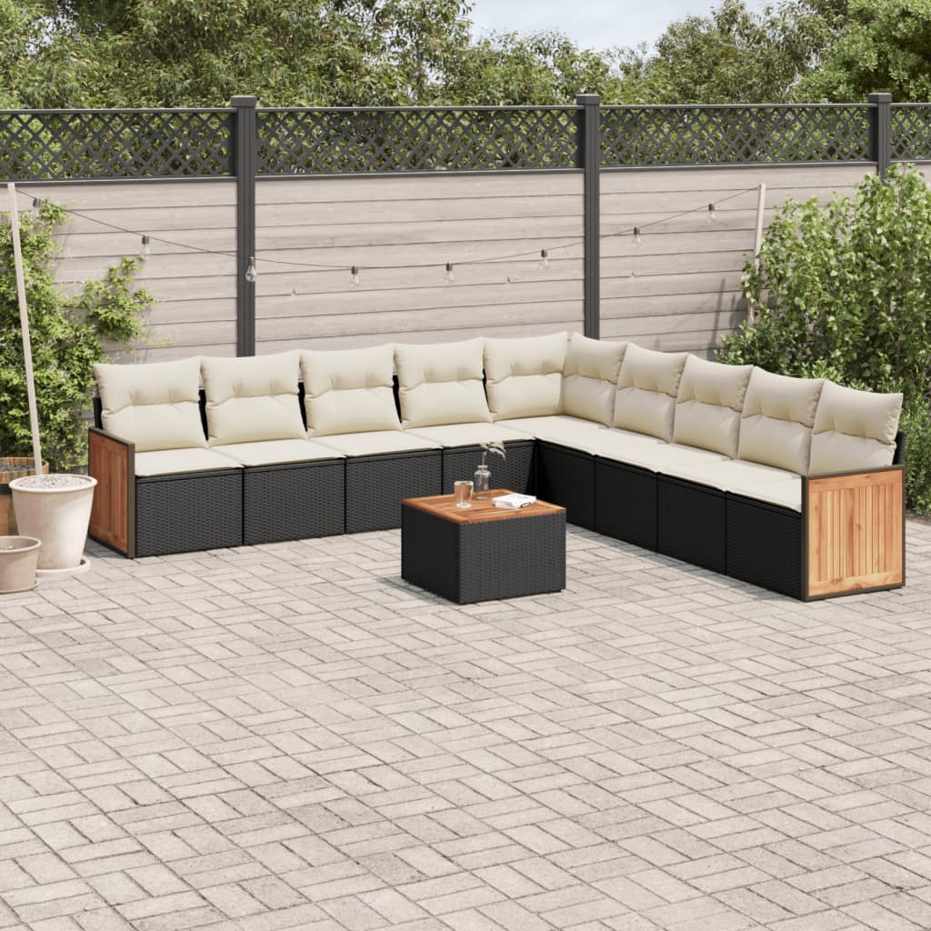 10-tlg. Garten-Sofagarnitur mit Kissen Schwarz Poly Rattan