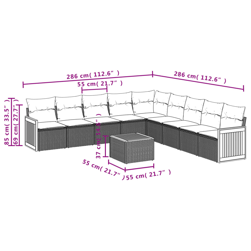 10-tlg. Garten-Sofagarnitur mit Kissen Grau Poly Rattan