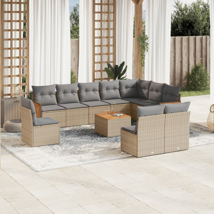 11-tlg. Garten-Sofagarnitur mit Kissen Beige Poly Rattan