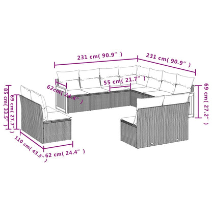 11-tlg. Garten-Sofagarnitur mit Kissen Beige Poly Rattan