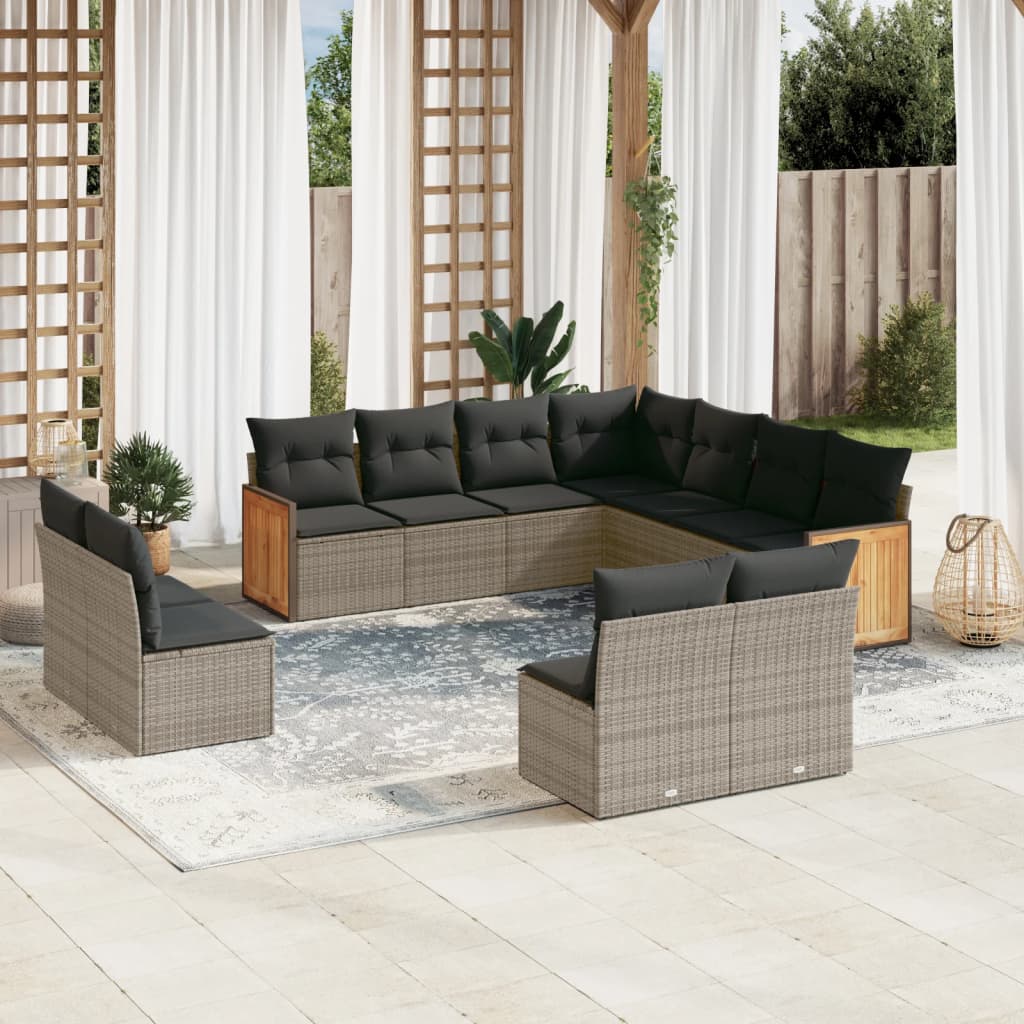 11-tlg. Garten-Sofagarnitur mit Kissen Grau Poly Rattan